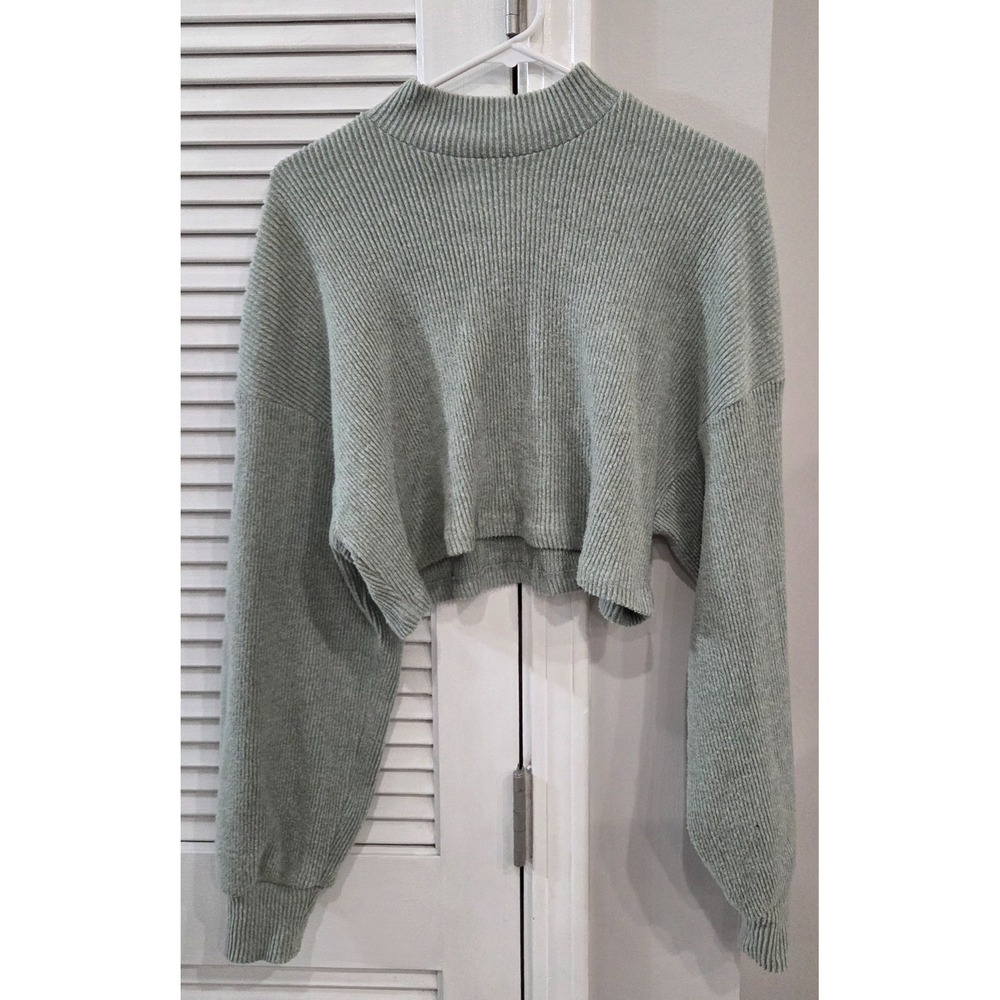Bershka Sage Green Ribbed Cropped Mock Neck Sweater Size Large - Picture 1 of 6